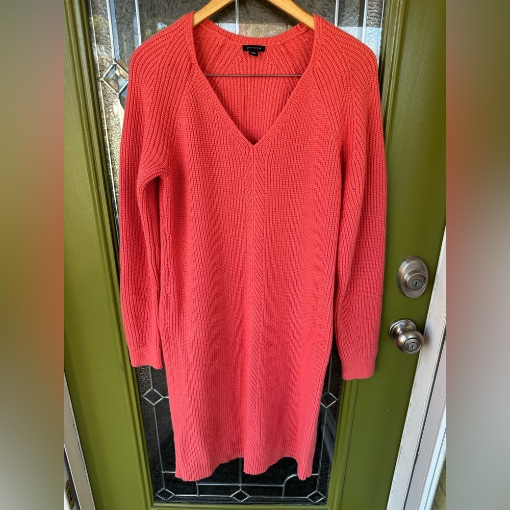 Ann Taylor Coral Alpaca Wool Thick Cable Knit V-Neck Midi Sweater Dress Sz. L